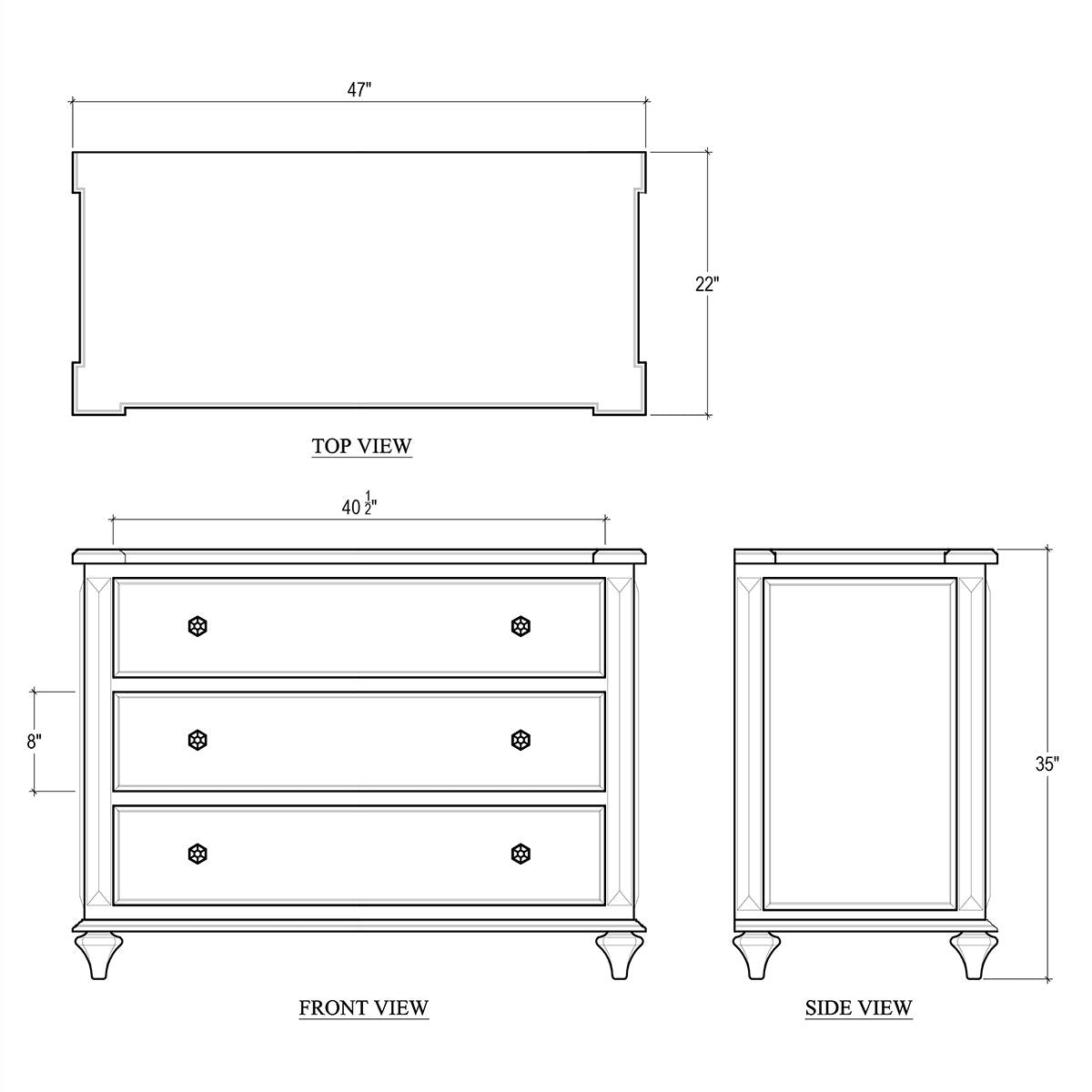 Technical drawing, dimensions of rustic white chest of drawers.