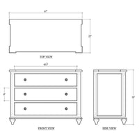 Technical drawing, dimensions of rustic white chest of drawers.