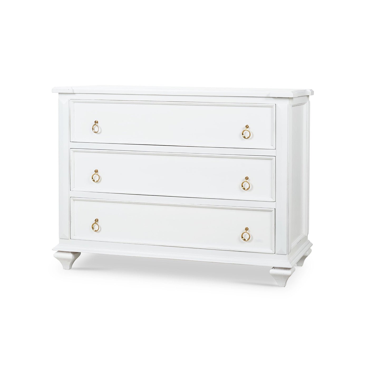 White chest of drawers, angled view with three handles.