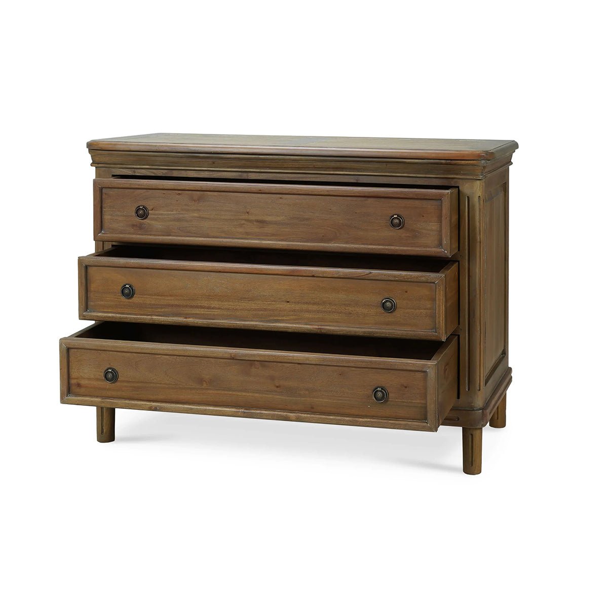 Rustic wood chest of drawers with open drawers.