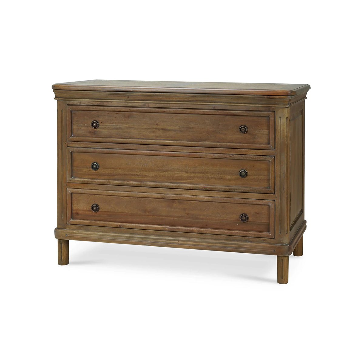 Rustic wood chest of drawers with closed drawers.