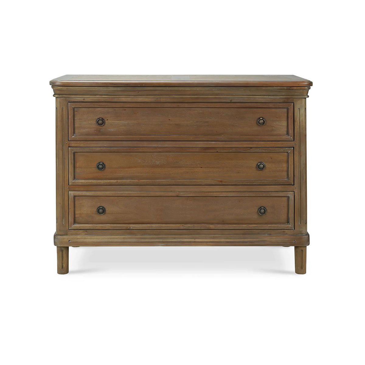 Front view of rustic wood chest of drawers.