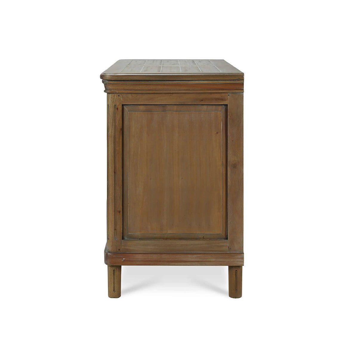 Side view of rustic wood chest of drawers.