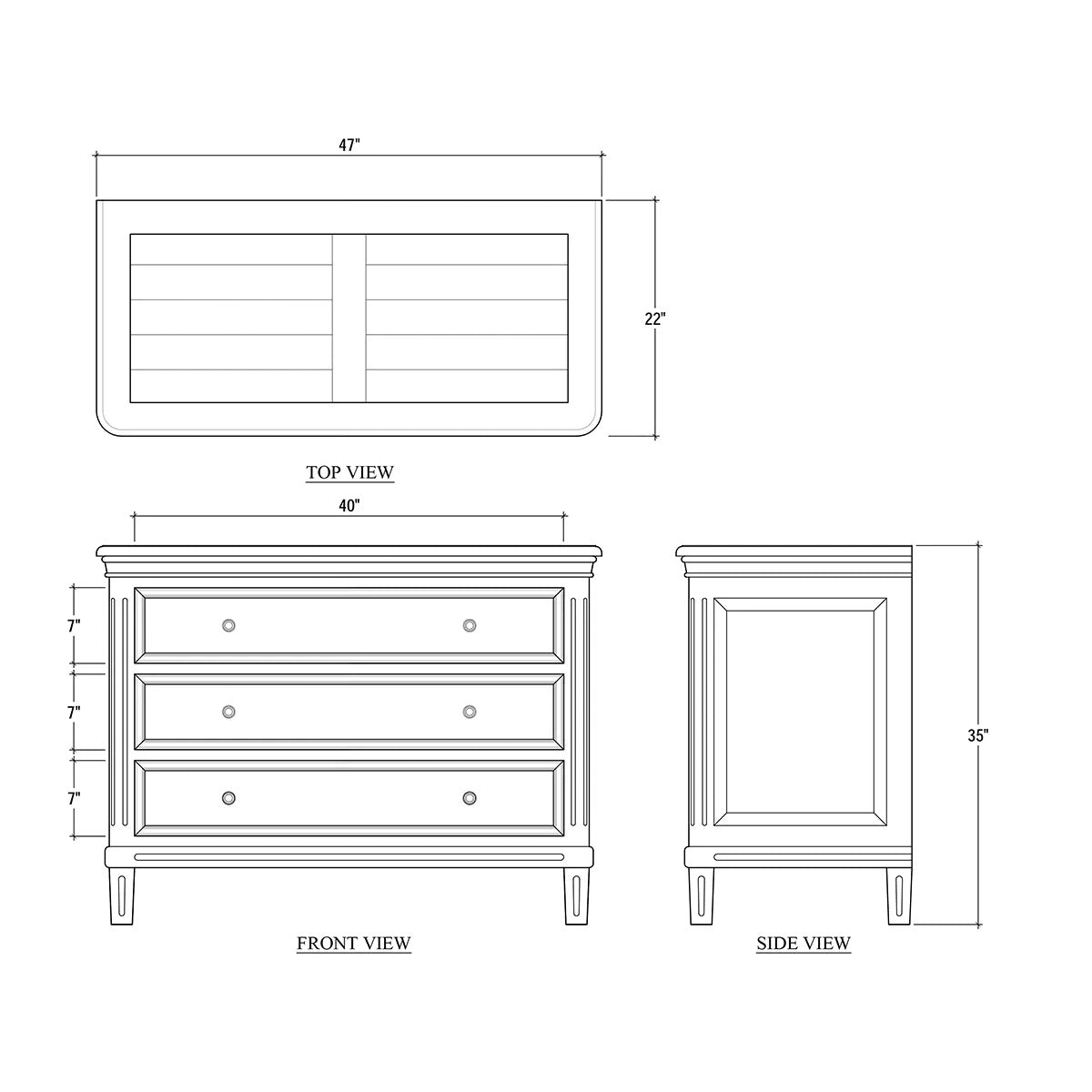 Dimensions diagram of rustic wood chest of drawers.
