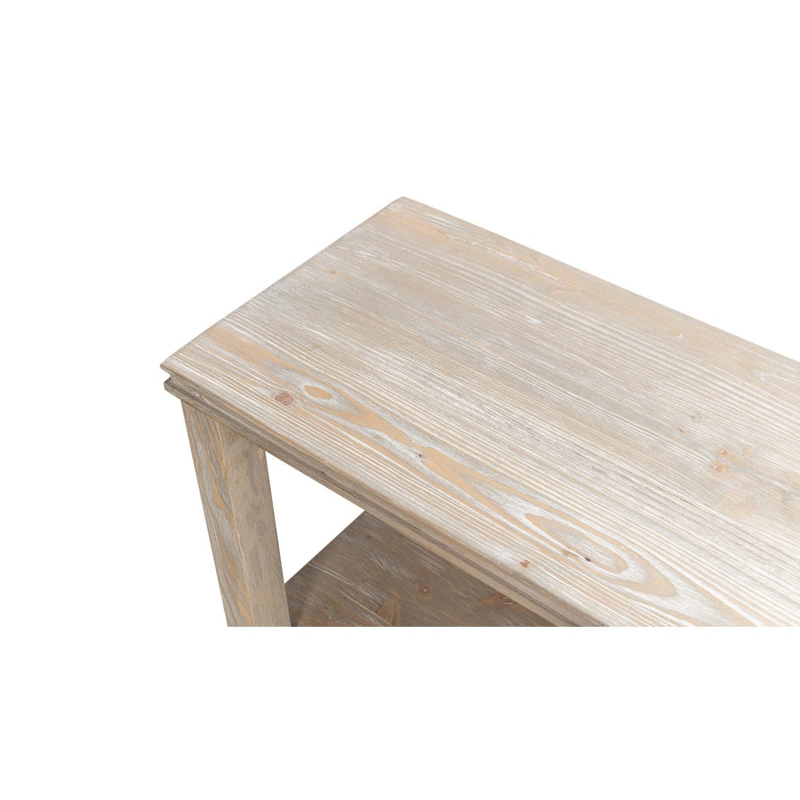 Close-up of rustic wooden console table surface.