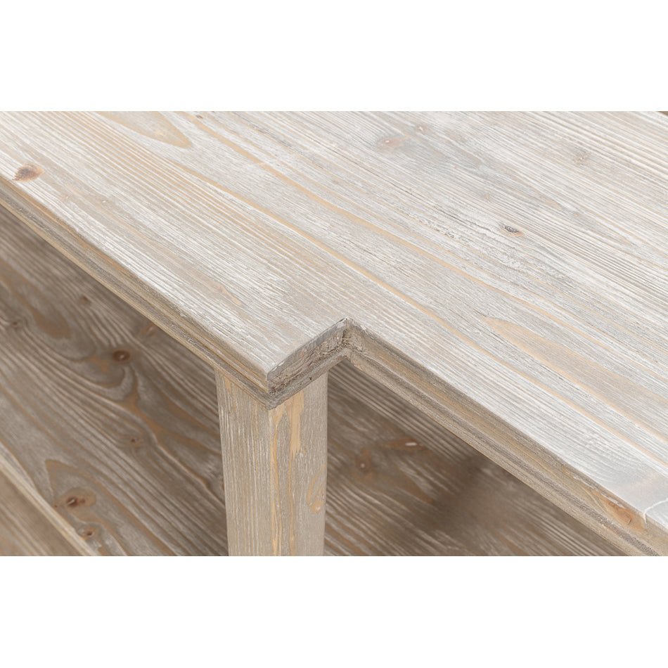 Detail of rustic wooden console table corner joint.
