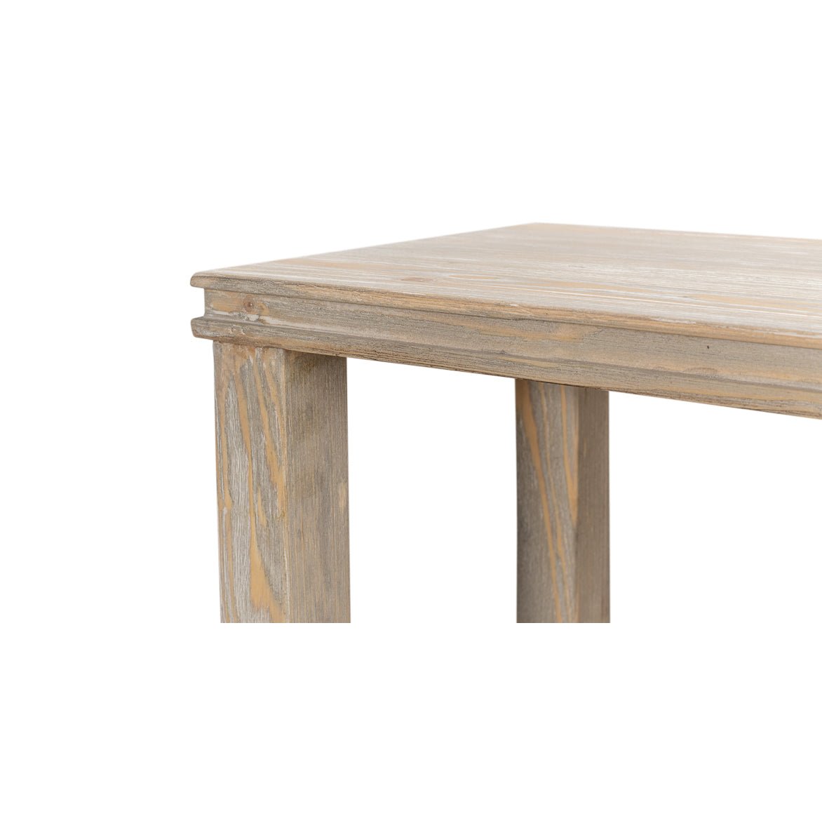 Edge detail of rustic wooden console table.