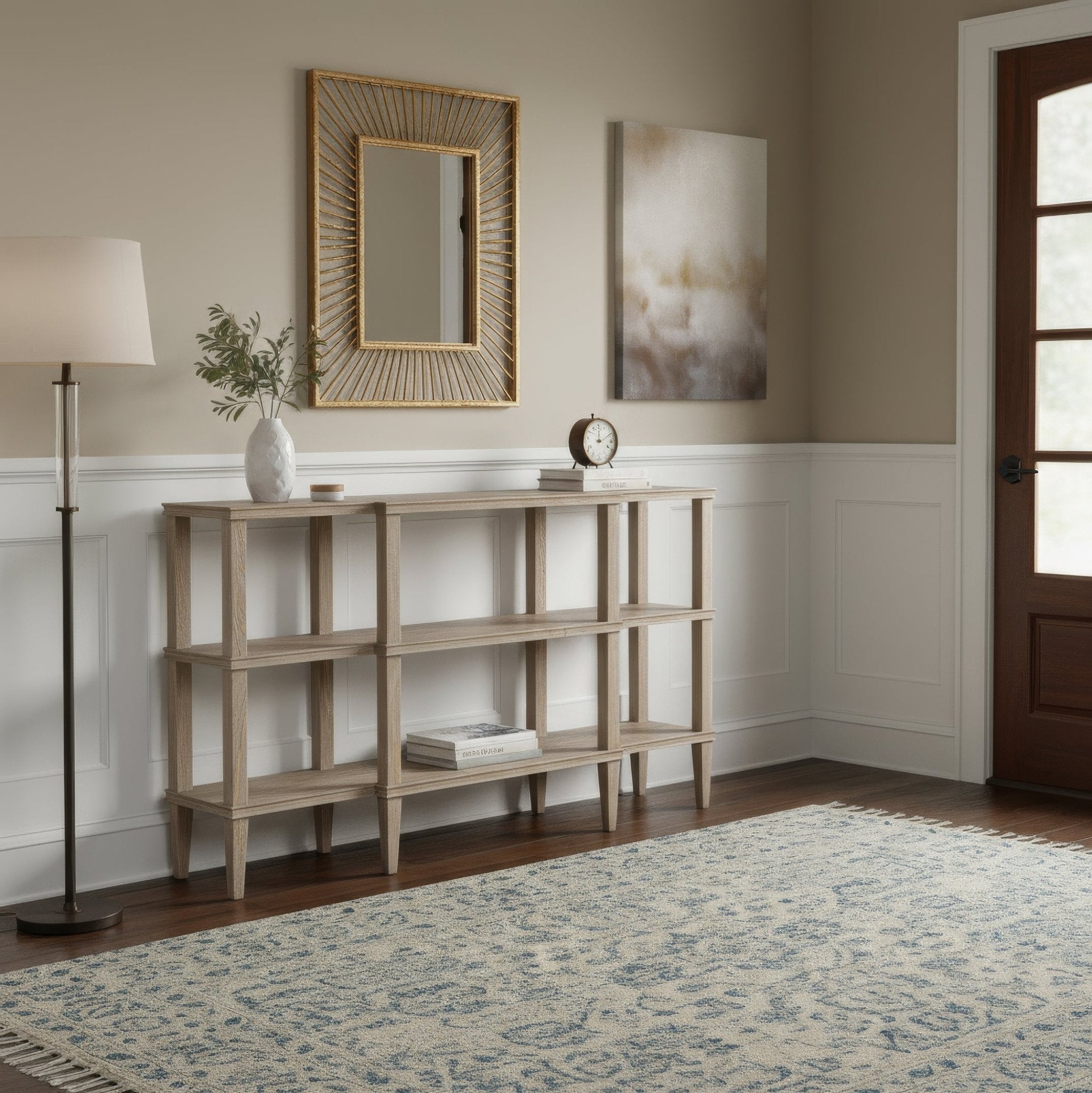 Rustic wooden console styled in a living room.