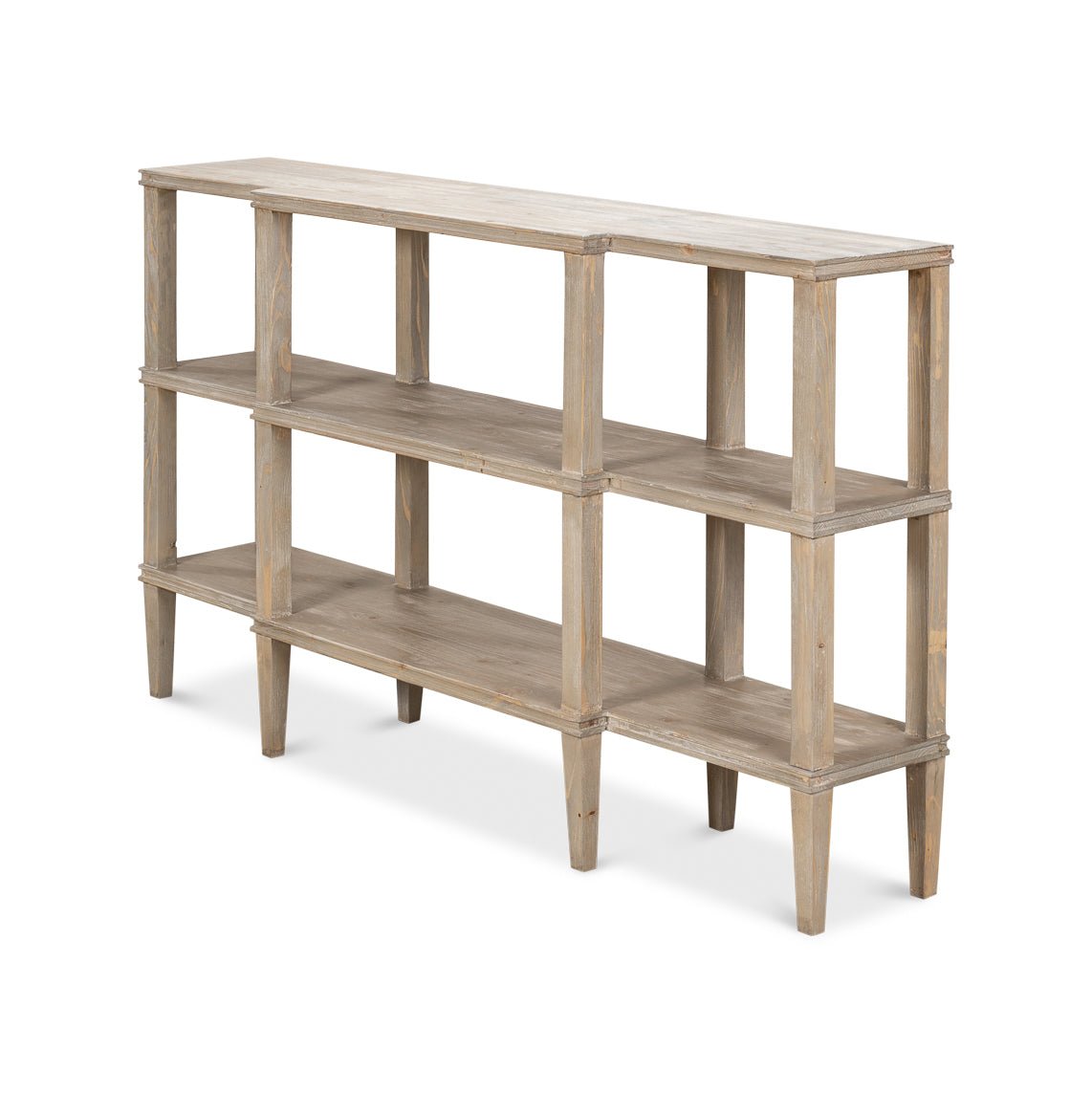 Angled view of rustic wooden console table.