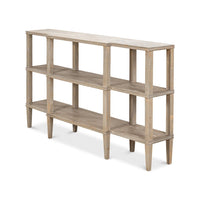 Angled view of rustic wooden console table.