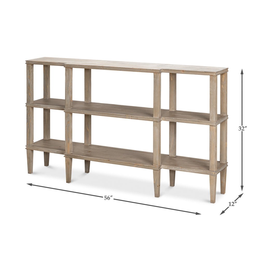 Dimensions of rustic wooden console table shown.
