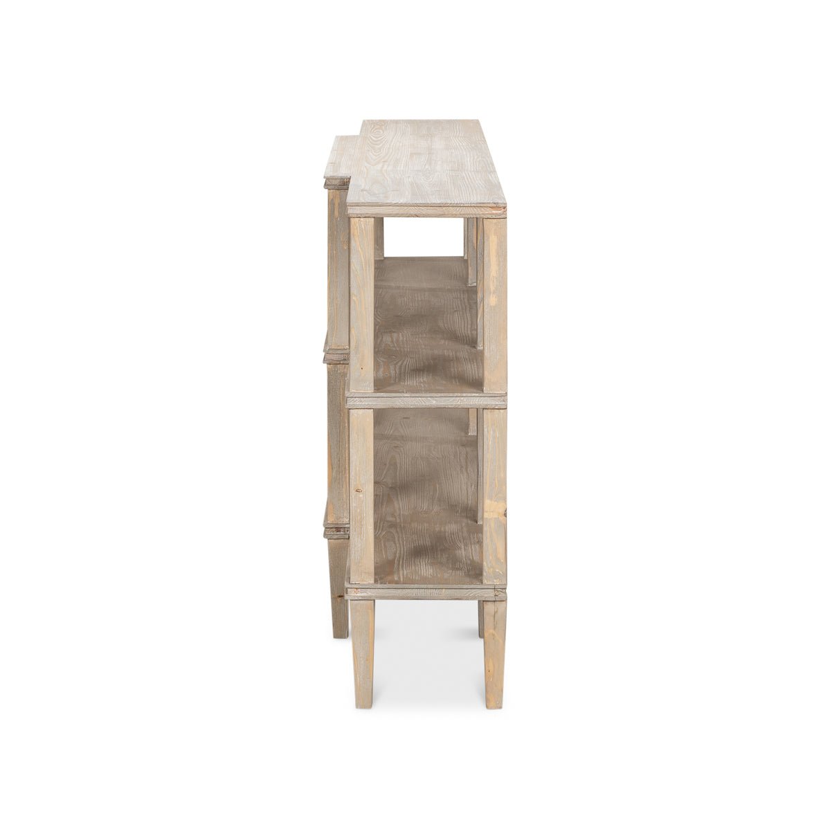 Side view of rustic wooden console table.