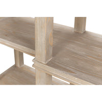 Shelf detail on rustic wooden console table.