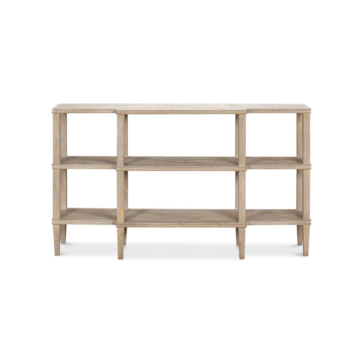 Front view of rustic wooden console table.