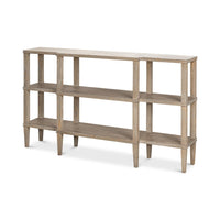 Rustic wooden console table angled side view.