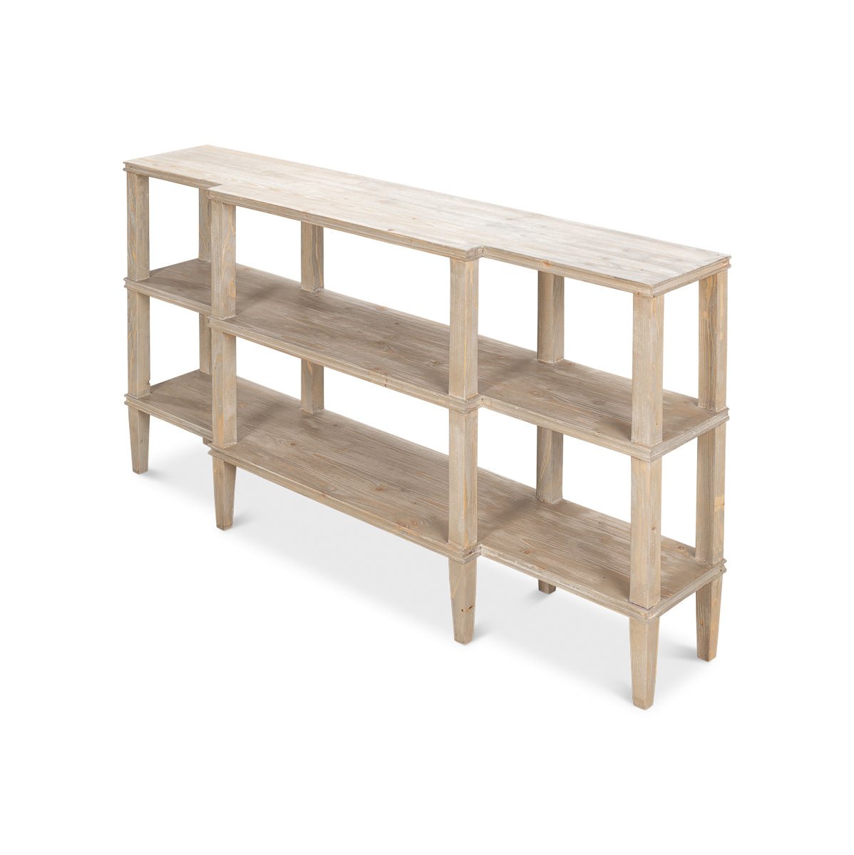 Perspective view of rustic wood console table.
