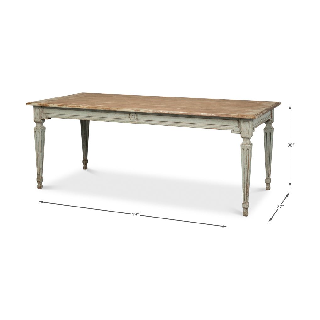 Rustic dining table, side view with dimensions.