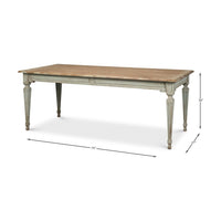 Rustic dining table, side view with dimensions.