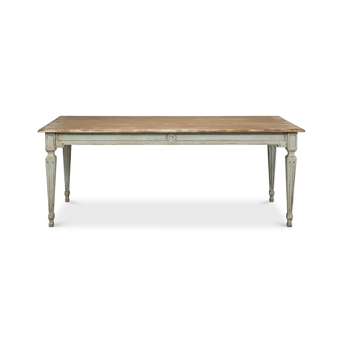 Rustic dining table, front view, detailed legs.