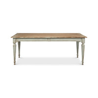 Rustic dining table, front view, detailed legs.