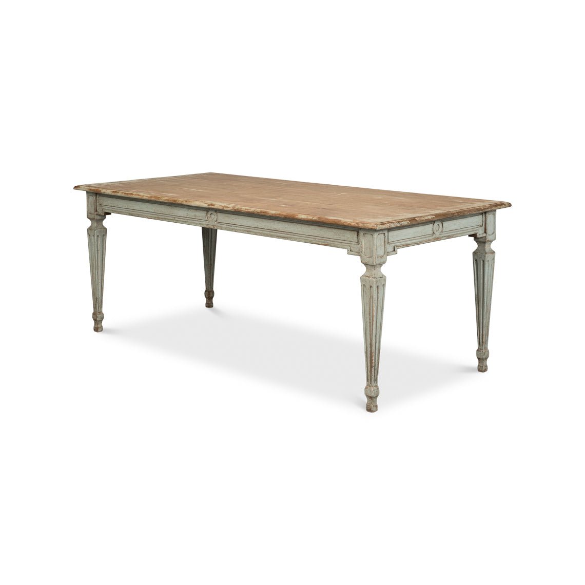 Rustic dining table, angled view, fluted legs.