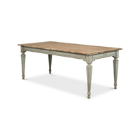 Rustic dining table, angled view, fluted legs.