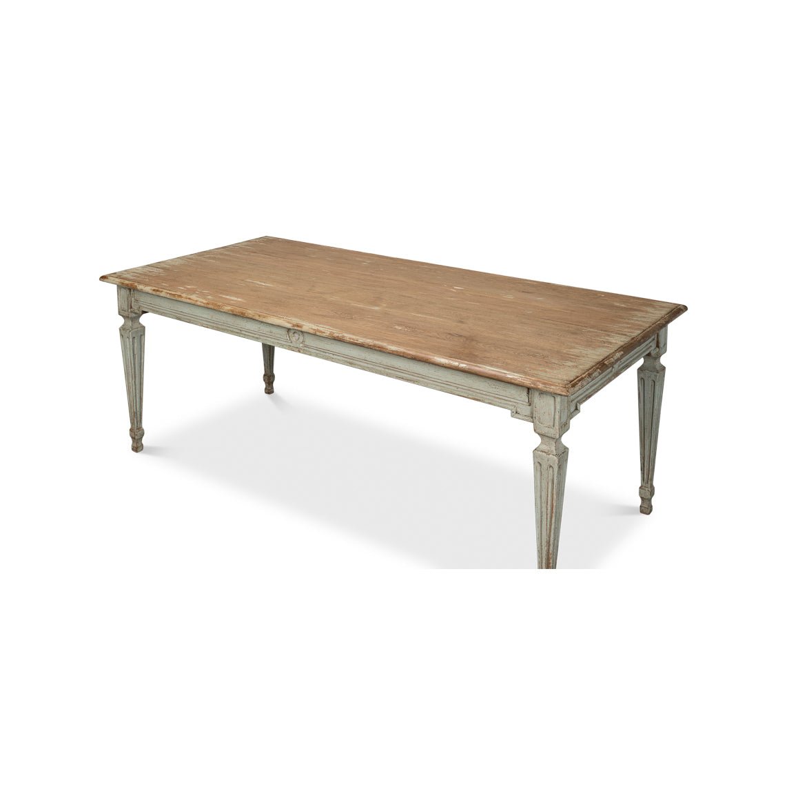 Rustic dining table, top view, detailed edges.