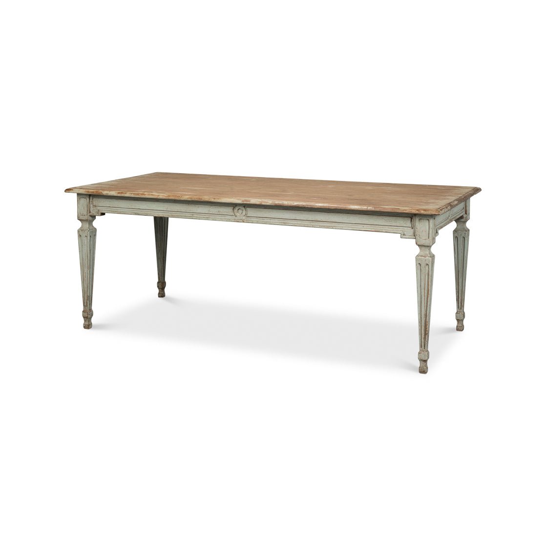 Rustic dining table, angled side view, wood top.