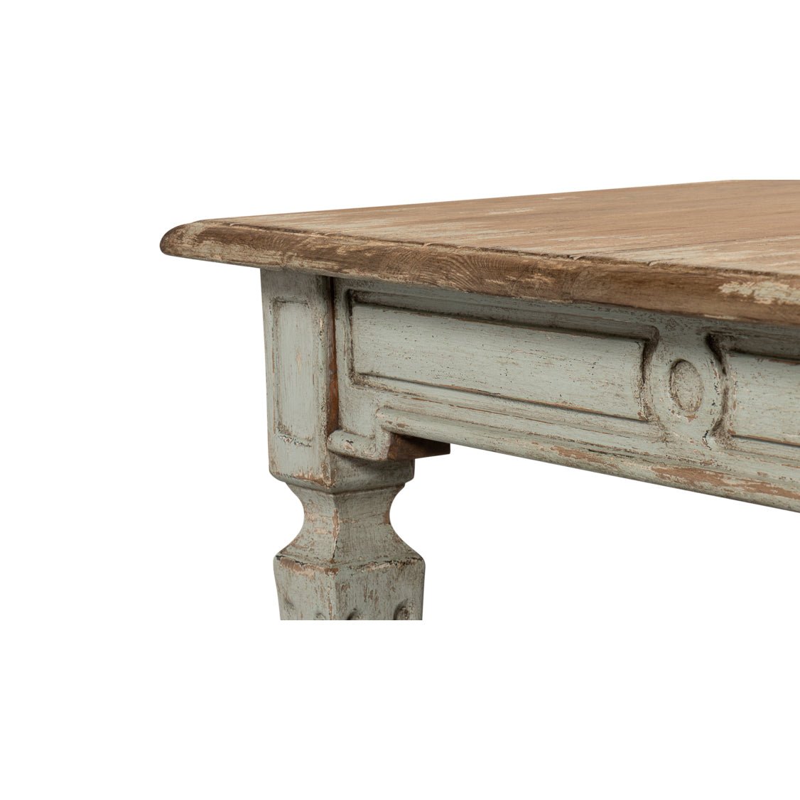 Rustic dining table, corner leg detail, distressed finish.