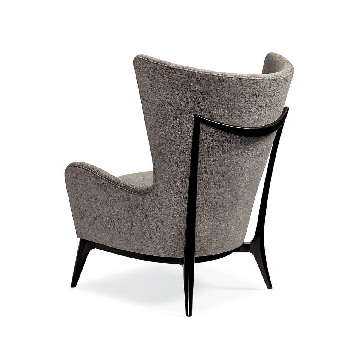 Gray Scandinavian Mid Century Armchair, back and side view.