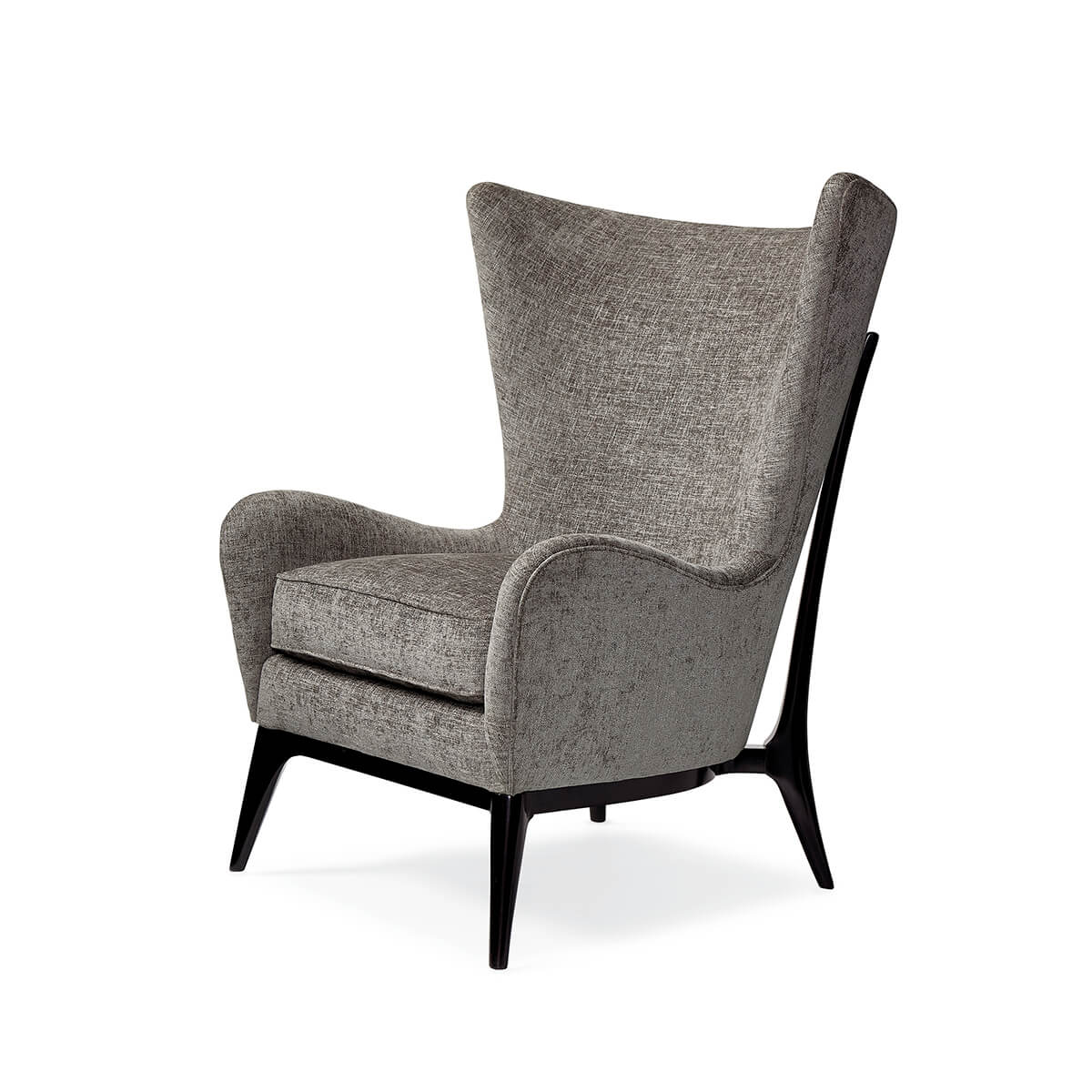 Gray Scandinavian Mid Century Armchair, angled front view.