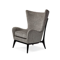 Gray Scandinavian Mid Century Armchair, angled front view.