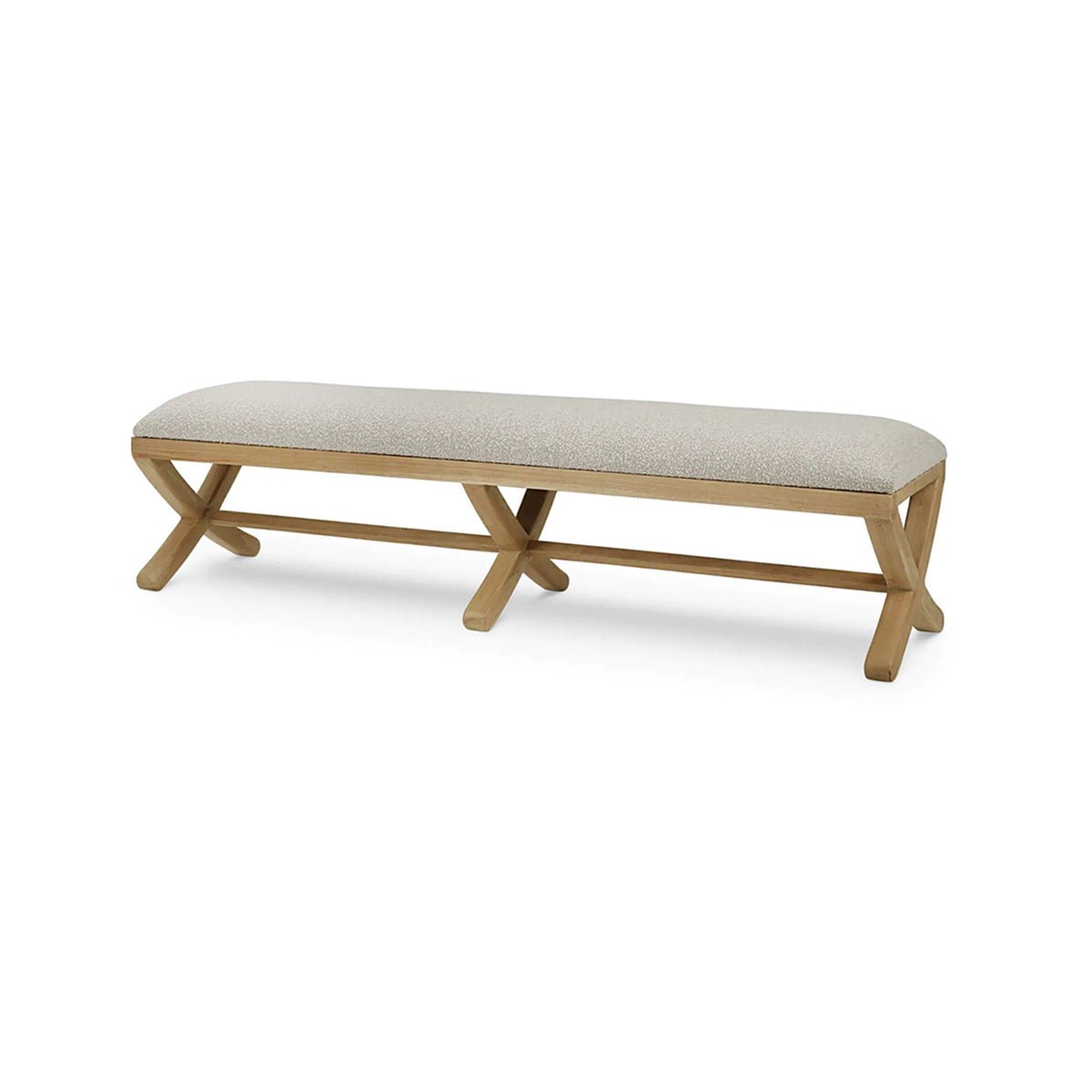 Long upholstered bench with wooden legs, angled view.
