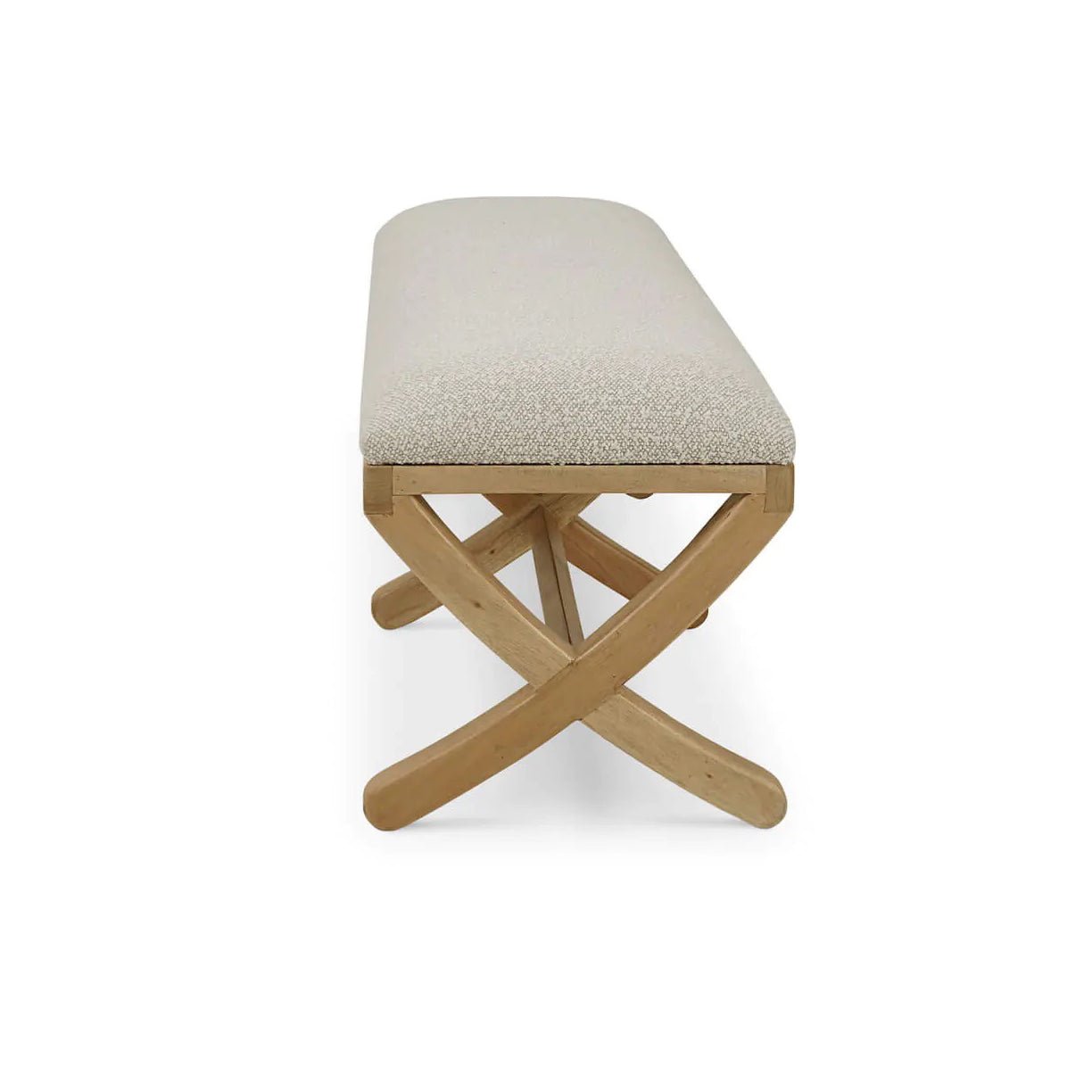 Side view of Scandinavian minimalist wooden bench.