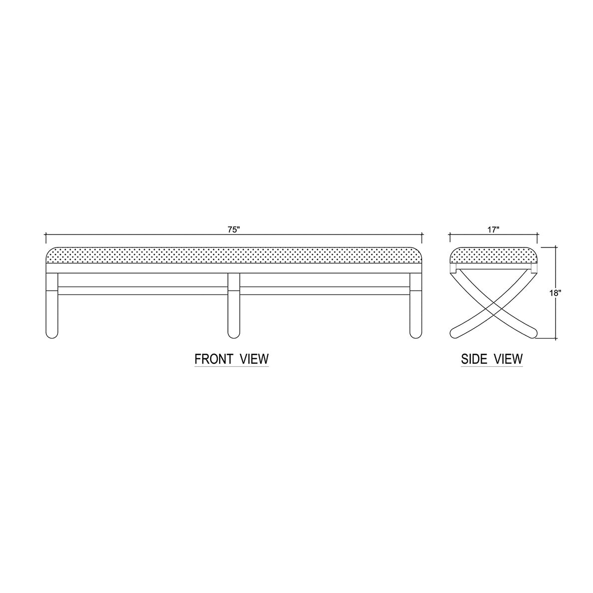 Dimension diagram of Scandinavian minimalist bench design.
