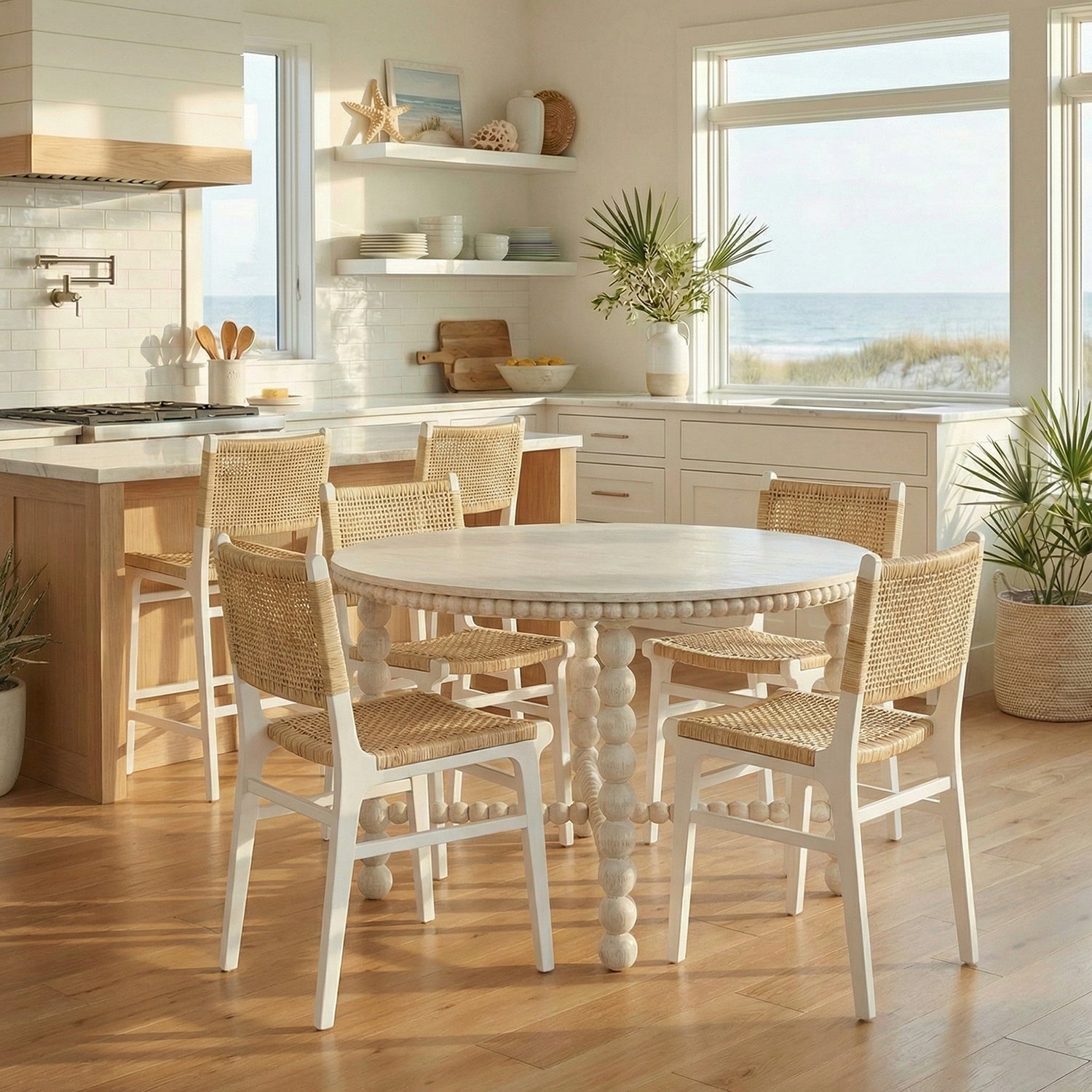 Dining room featuring white chairs with a round table.