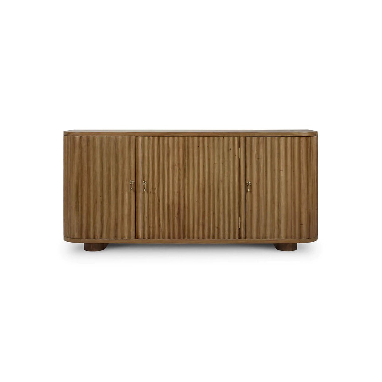 Front view of reeded wood sideboard, doors closed.