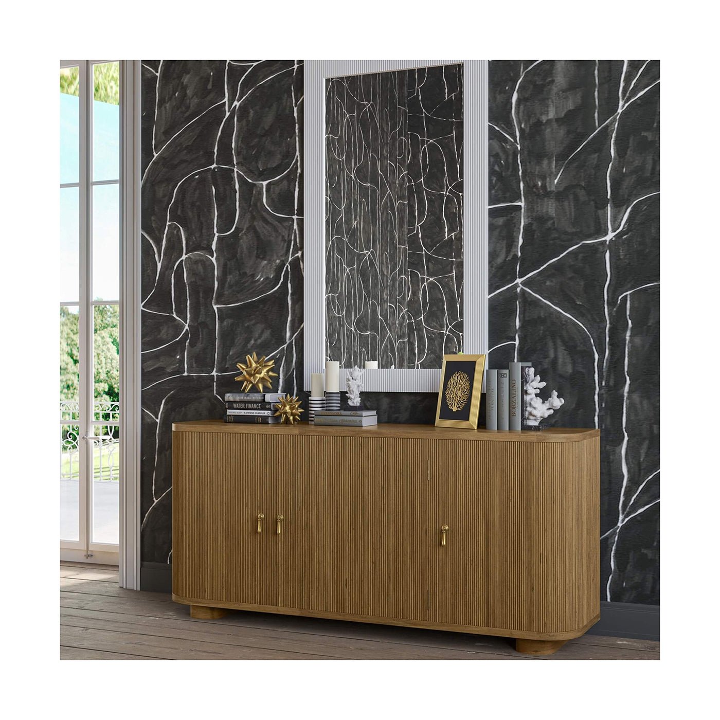 Sideboard in modern room with dark patterned walls.