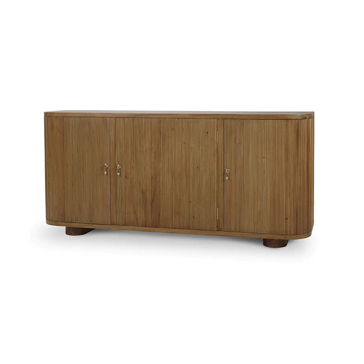 Reeded wood sideboard front view against white background.