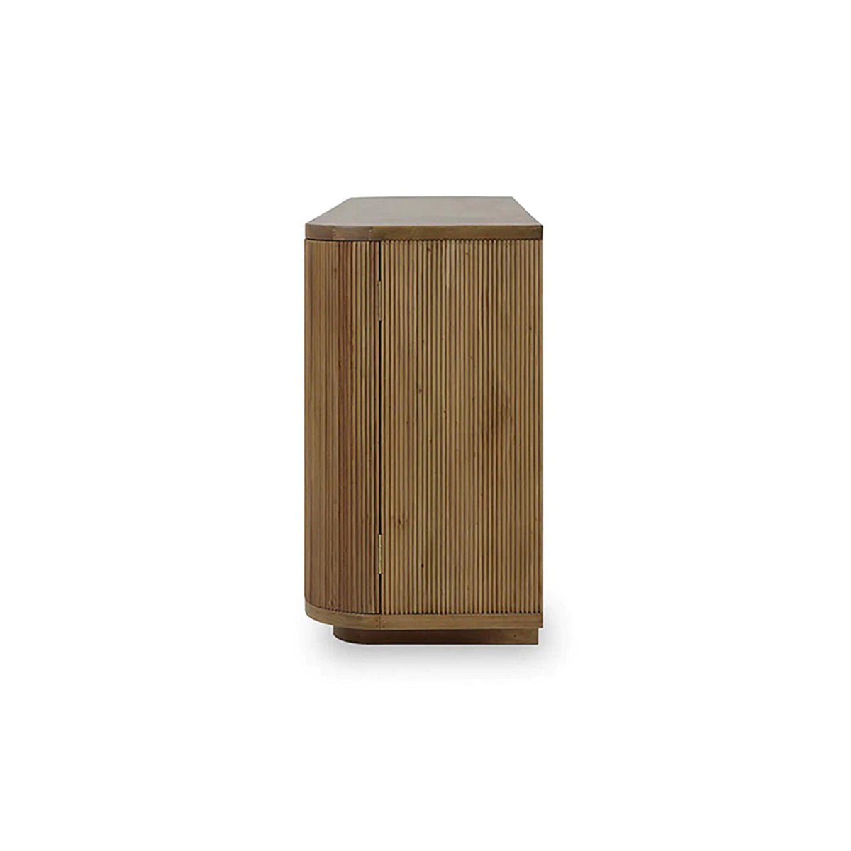 Side view of reeded wood sideboard showcasing texture.