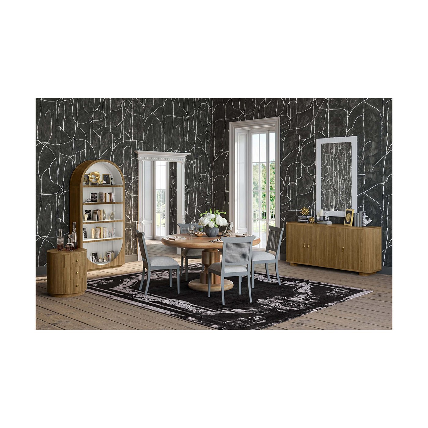 Dining area featuring sideboard, table, and bookshelf.
