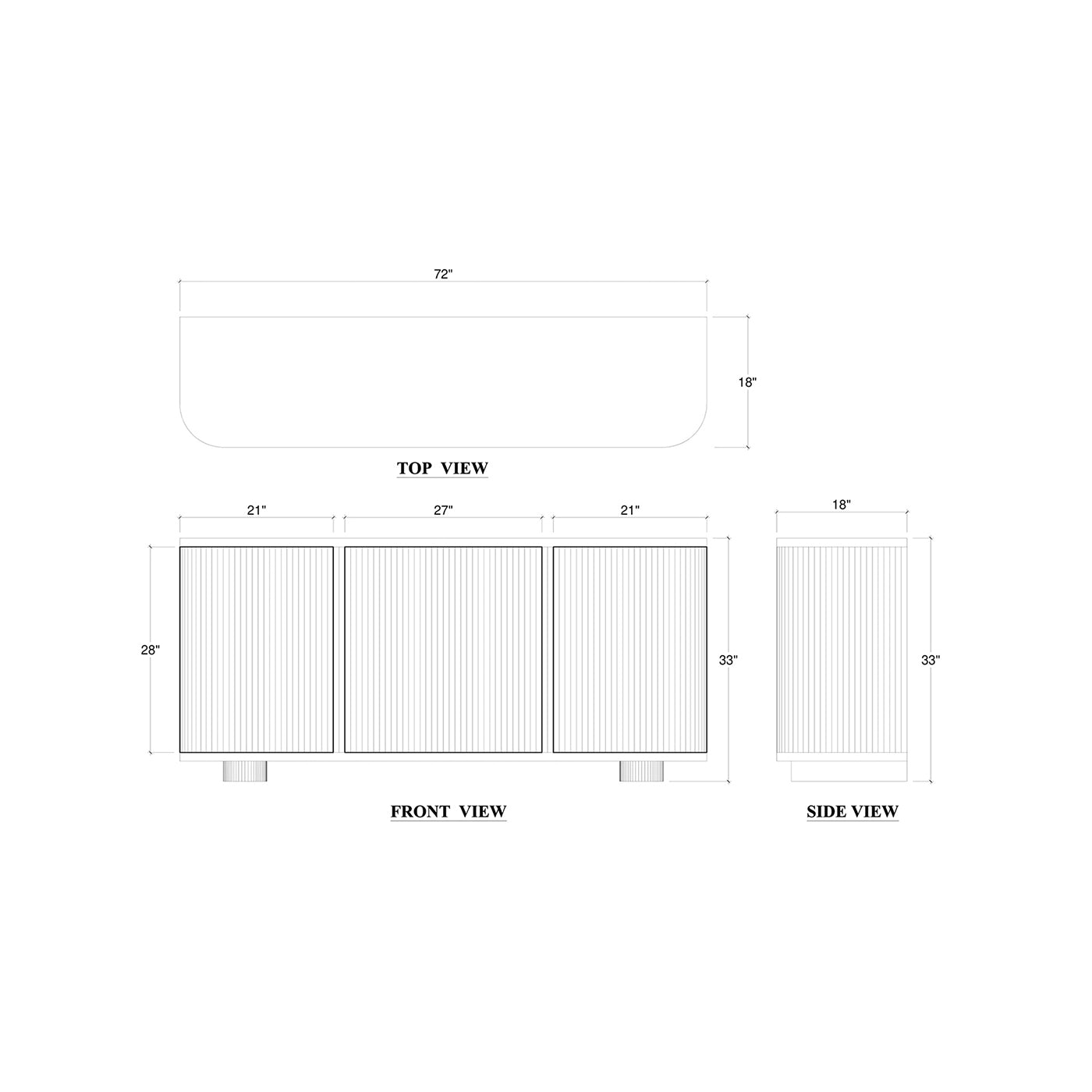 Dimensional diagram of reeded wood sideboard, multiple views.