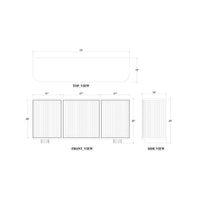 Dimensional diagram of reeded wood sideboard, multiple views.
