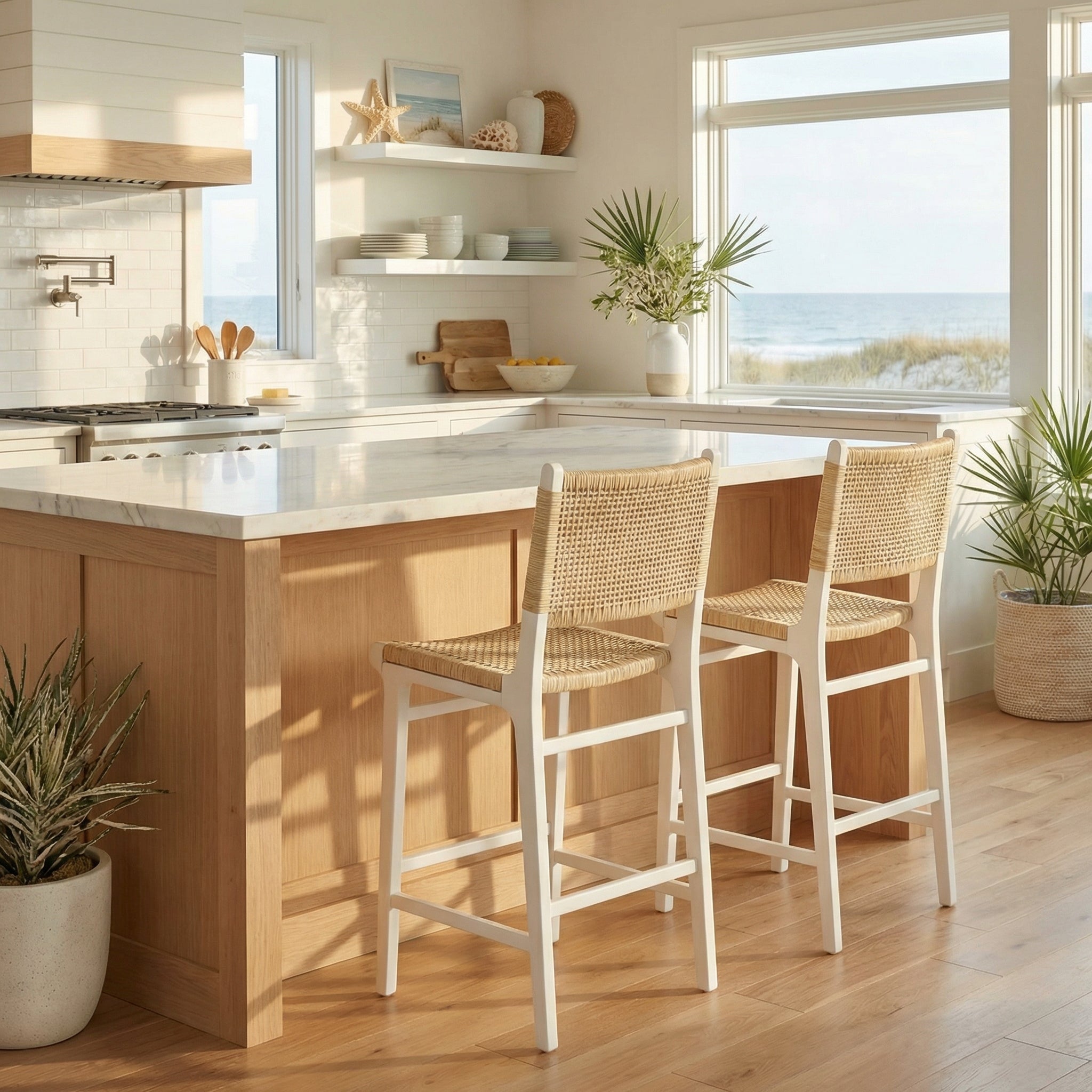 Scandinavian counter stools at kitchen island with ocean view.