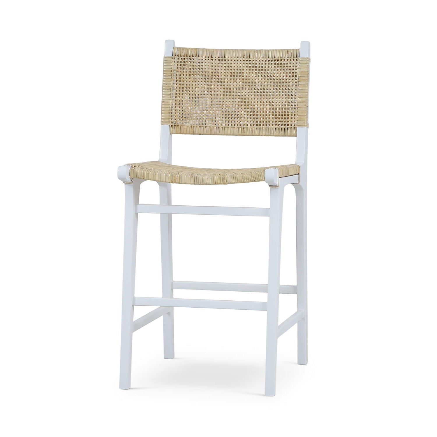 Rattan counter stool with white frame, angled view.