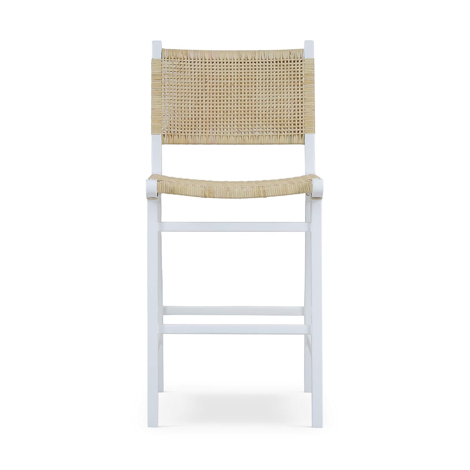 Front view of Scandinavian rattan and white counter stool.