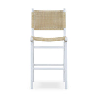Front view of Scandinavian rattan and white counter stool.