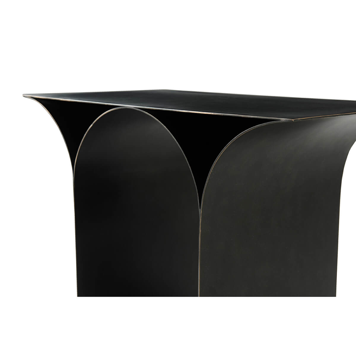 Detailed corner view, sculptural side table design.