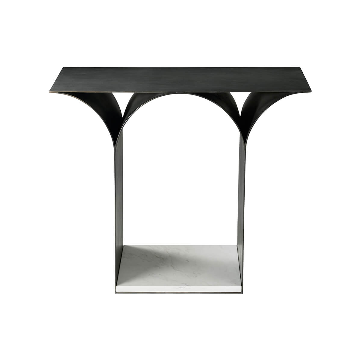 Front view of sculptural side table, black metal finish.