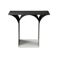 Front view of sculptural side table, black metal finish.